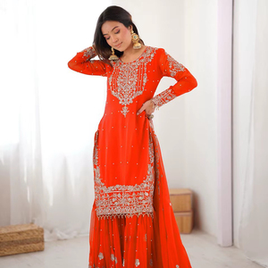 RICH LOOK MODERN GEORGETTE EMBROIDERY WORK <b>TOP</b> SHARARA DUPATTA PARTY WEDDING <b>FESTIVAL</b> WEAR WHOLESALE REVERSER ETHNIC MODAL - Product Image 1
