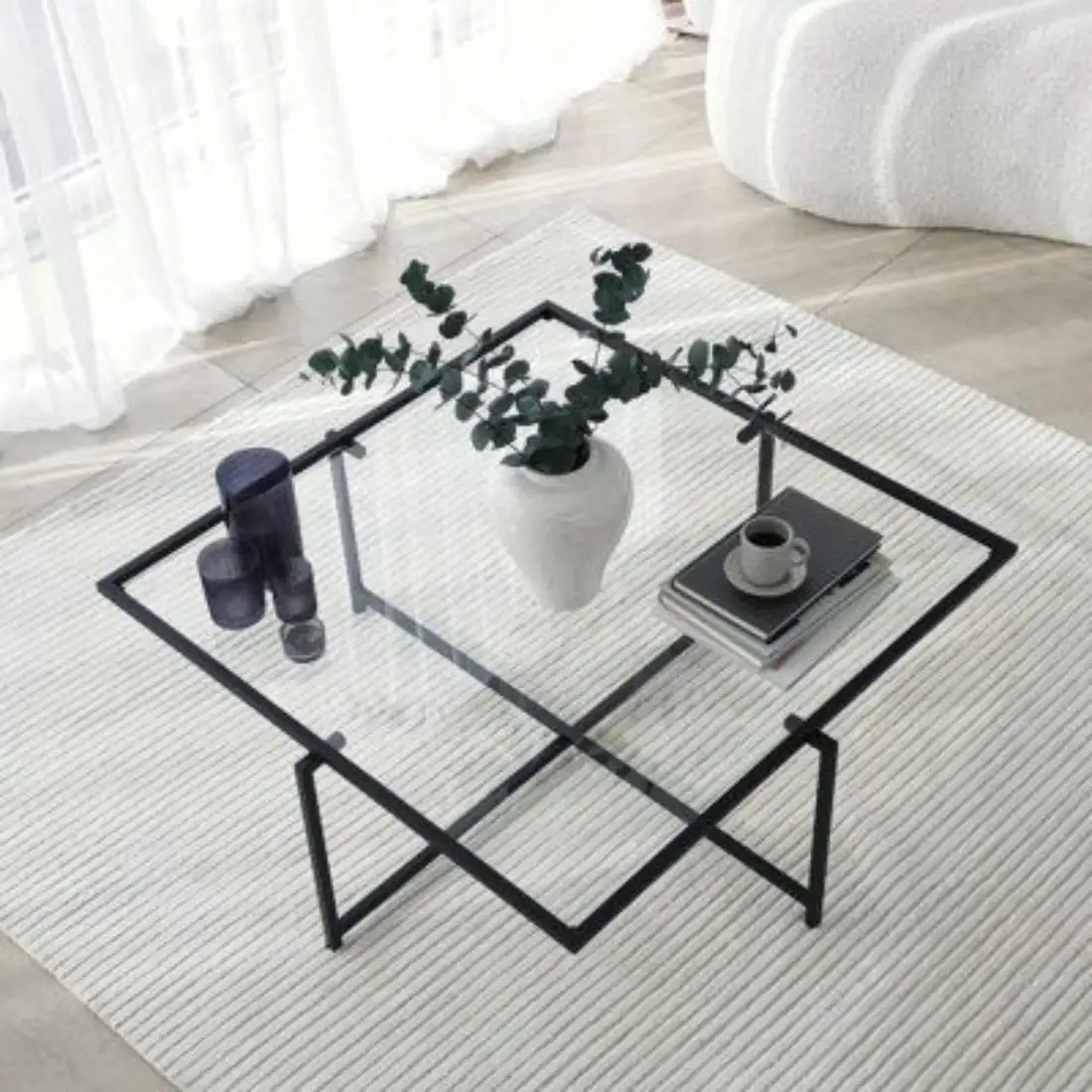 Mesa decorativa de estilo geométrico com mesa central de vidro, mesa lateral para sofá, móveis para casa em estilo contemporâneo