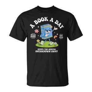 Una camiseta con la frase "Un libro al día evita el desgarro mental" para adultos, unisex, negra - Product Image 1
