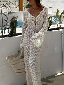 Abito lungo estivo da donna elegante e casual in maglia con scollo a V, silhouette a sirena, maniche lunghe, traspirante e alla moda - Product Image 1