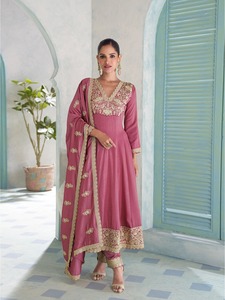 Robe Anarkali de qualité supérieure en soie premium lourde avec broderie lourde, travail de codage de séquence, robe Anarkali en soie pour la vente à l'exportation - Product Image 4