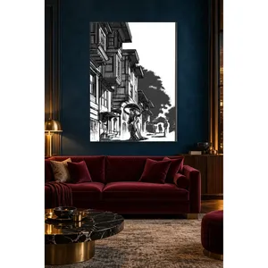 Impression sur toile Fida : Maisons avec baie vitrée noir et blanc et femme avec parapluie - Product Image 2
