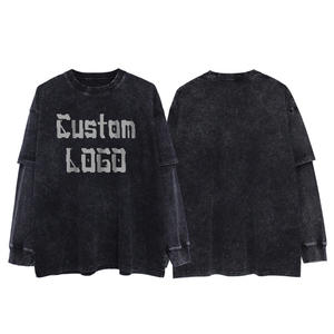 OME Vintage Acid <b>Washed</b> Dtg <b>Screen</b> Printed High Quality Cotton Oversized Tee Custom Double Layer T-shirt for men Long Sleeve - Product Image 1