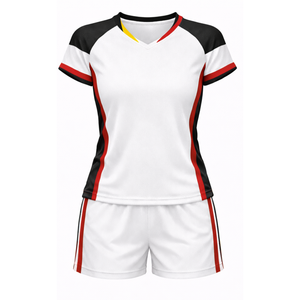 Conjunto de Uniforme de Voleibol Profesional con Paneles en Contraste, Cuello en V, Blanco, Negro y Rojo - Product Image 1