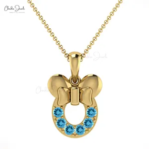 100% gerçek İsviçre mavi Topaz Mickey Mouse Inspired kolye kolye yuvarlak parlak kesim doğal taş çocuklar kolye 14k altın