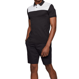 Men's Color Blocking <b>Polo</b> Shirt Set Casual Knitted Summer Wear Black <b>White</b> Short Sleeve Top With Matching Shorts - Product Image 1