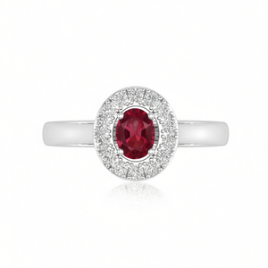 Anello di Fidanzamento Classico in Argento Sterling 925 con Rubino Naturale Taglio Ovale 5x4 e Halo di Topazio Bianco, Incastonatura a Pavé - Product Image 2