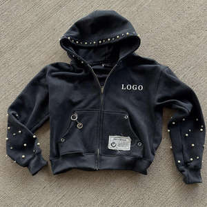 เสื้อฮู้ดซิปแฟชั่นสไตล์วินเทจผ้าฝ้ายทรงบ็อกซี่แบบครอป สตรีทแวร์โอเวอร์ไซส์ ตกแต่งด้วยไข่มุกและเพชร ผลิตตามสั่งจากโรงงาน - Product Image 1