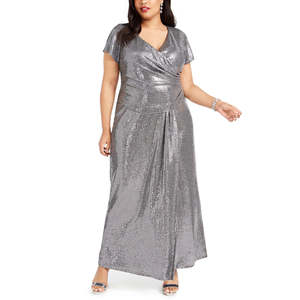 Abito da sera lungo R&M Richards da donna, taglie forti, in raso argentato drappeggiato con paillettes, vestibilità a tubino, vita naturale, XL (Taglia 14) - Product Image 1