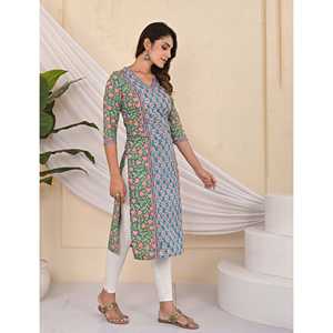 Robe longue décontractée pour femme en coton imprimé vert et bleu, style Kurti, respirante, taille XS, conçue sur mesure, pour club ou soirée. - Product Image 4