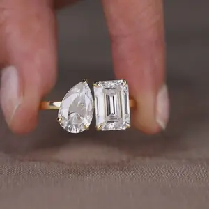 Anillo de Compromiso Toi Et Moi, Corte Esmeralda en Forma de Pera, Diamante de Laboratorio, Joyería Fina, Forma Marquesa, Claridad VVS1, Rodio Platino - Product Image 5