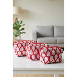 Juego de 3 Bolsas de Cosméticos de Viaje con Cierre, Diseño Geométrico de Hoja de la Paz Roja, Ecológicas, Bolsas Utilitarias Grandes Hechas a Mano - Product Image 1