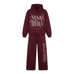 Custom Women Oversized Hoodie and Wide Leg Sweatpants Set <b>Burgundy</b> Cotton Fleece Graphic Print Two Piece Tracksuit - Product Image 4
