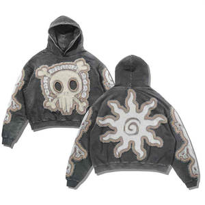 Sudadera con capucha personalizada con estampado gráfico 3D para hombre, jersey de peso pesado lavado con ácido desgastado, parche bordado de lana ODM - Product Image 4