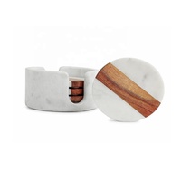 Sous-verres en marbre blanc de forme ronde, bois et verre avec support Ensemble de 4 pièces fait à la main pour boissons café thé décor à la maison