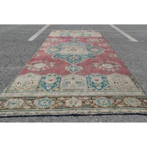 Turkish Vintage Rug, 5x12.5 ft Rug, <b>Red</b> Blue Plants & trees <b>Wool</b> Rug - Product Image 1