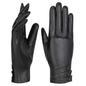 Guantes de cuero de PU de piel de oveja auténtica de invierno para hombre, mitones cálidos abotonados negros para conducción al aire libre, estilo liso a prueba de viento - Product Image 1