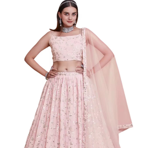 Ensemble de lehenga traditionnel en georgette avec broderie riche en sequins zari, blouse non cousue et élégant dupatta en tulle doux - Product Image 1