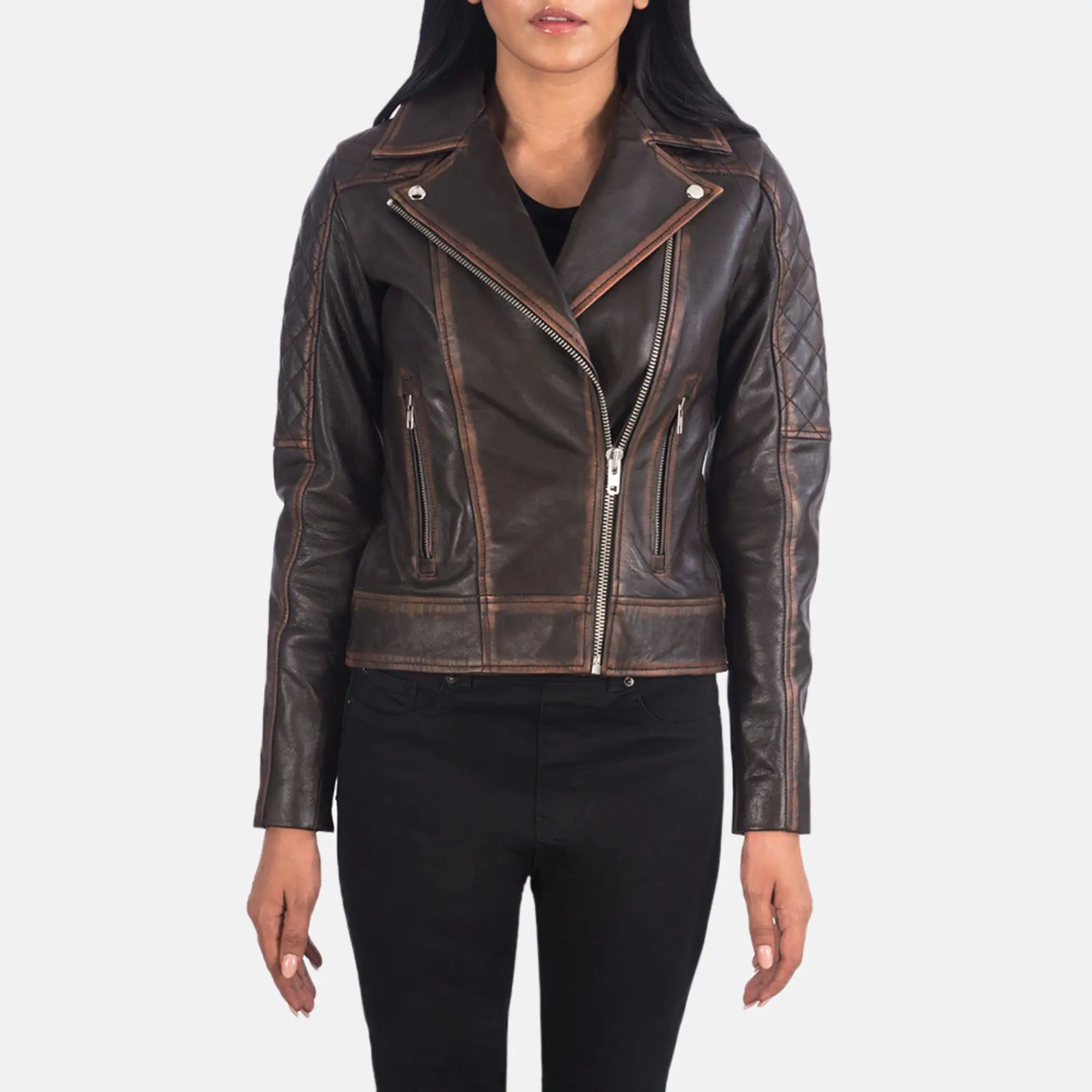 Real Leather Sheepskin Aniline Zipper Cityscape Black Women Biker Jacket with Quilted Viscose Lining and Inside Outside Pockets