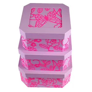 Pink Cloth Linen Nesting Box Chinês Design Gravura Padrão Flor Jewlery Armazenamento Grey board Box