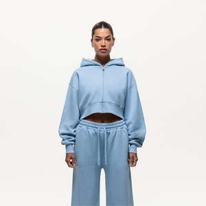 ชุดวอร์ม2ชิ้นสีฟ้าผงซักแนววินเทจสำหรับผู้หญิงชุดออกกำลังกายแบบมีฮู้ดและกางเกงวอร์มระบายอากาศสำหรับยิมและสตรีทแวร์แบบกำหนดเอง - Product Image 1