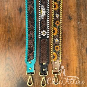 Sangle de guitare en cuir usiné Western Turquoise Sangle de sac à bandoulière de remplacement en cuir véritable avec finition en laiton antique - Product Image 1