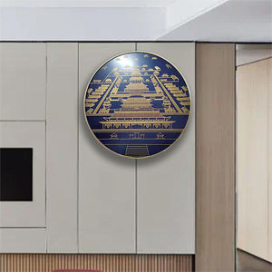 Decorazione circolare della parete a tema antico edificio cinese blu e <span class=keywords><strong>oro</strong></span> | Pannello intricato in metallo - Product Image 2