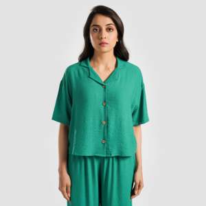 Blusa Verve Chic Retro de Lino Bordado en Verde, Talla XL, 100% Lino, Corte Ajustado, Ideal para Fiestas en Primavera y Otoño - Product Image 1