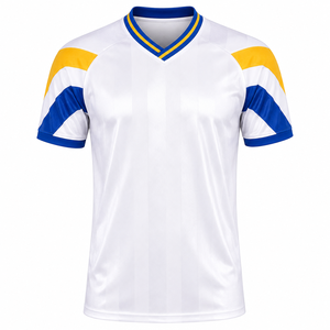 เสื้อฟุตบอลย้อนยุคสไตล์เรโทร ลายทางยุค 80 สีเหลืองน้ำเงิน แบบซับลิเมชั่น ชุดทีม ขายส่ง รับผลิตแบบ OEM - Product Image 1