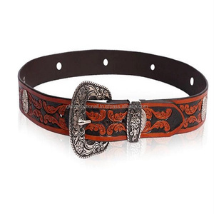 เข็มขัดหนังสไตล์ตะวันตกแกะสลักด้วยมือเข็มขัดหนังแบบทูโทนลายนูนลายดอกไม้ - Product Image 6