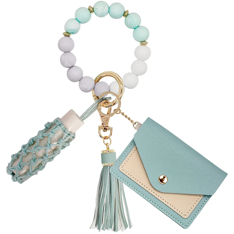 Porte-clés en silicone Bracelets en cuir Portefeuille porte-clés avec filet pour femme Pochette pour carte de crédit