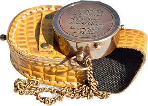 Vintage Brass Art Deco Pocket <b>Compass</b> with Movable Chain and Leather Case Metal Handicraft <b>Antique</b> Nautical Direction Finder - Product Image 4