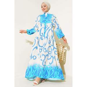 半扣民族图案地板连衣裙蓝色 - Product Image 1