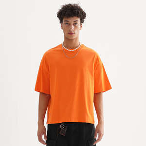 T-shirt court épais à épaules tombantes en coton tricoté de couleur unie et surdimensionné avec logo personnalisé pour hommes - Product Image 1