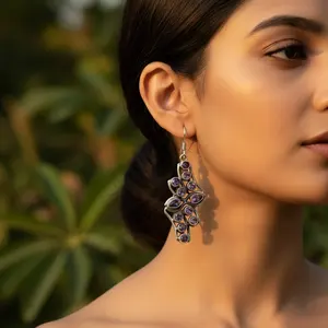 Boucles d'oreilles pendantes en argent 925 pour femmes, plaquées or avec améthyste et perle, style créole mignon pour mariage - Product Image 1