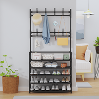 Meilleures ventes en gros 2026 : Étagère de rangement sur pied pour manteaux, vêtements et sacs, avec porte-chaussures et crochets pour chambre et dortoir