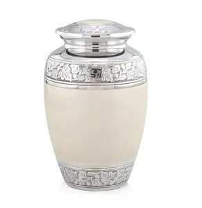 Urna Funeraria Pintada a Mano de Alta Demanda para Adultos, Urna de Cremación Blanca de Latón con Grabado Personalizado y Bolsa de Terciopelo - Product Image 1