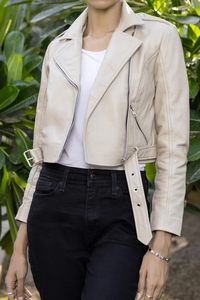 Chaqueta de cuero recortada Mujer Solapa Asimétrica Zip Up Moto Biker Abrigo corto con cinturón Dry Clean Only - Product Image 5