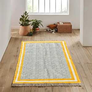 Tapis de jeu à bordure jaune de designer, motif unique, 5x6, 9x12 pieds, tapis brodés 100% coton - Product Image 1