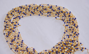 3mm Blue Glass Beads & <b>White</b> Pearl Rosary Chain Gold Plated Brass Wire Wrapped Beaded Chain by the Foot for DIY Jewelry Making - Product Image 5