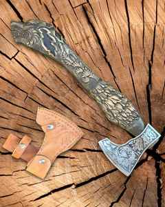 Hache viking haut de gamme en acier à haute teneur en carbone forgé à la main avec gravure manuelle, pour l'extérieur, avec étui en cuir fin - Product Image 6