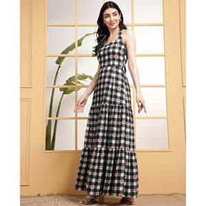 DEEBACO Women's Solid Cotton Checked with Heart Print Tiered Maxi <b>Dress</b> Halter Neck Sleeveless Ankle Length Fit & Flared Summer - Product Image 3