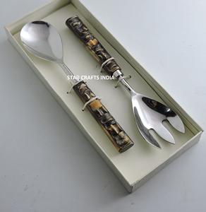 Juego de servidor de ensalada de acero inoxidable dorado con mango de diseño informal de resina blanca para juegos de ensalada de restaurante y Hotel - Product Image 4