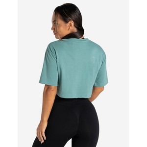 Top corto verde azulado de la mejor calidad para mujer, camiseta informal de manga corta para Yoga, gimnasio, Fitness, hombros caídos, suave, elástico, elegante, de verano - Product Image 2