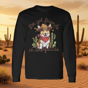 T-shirt vintage western a maniche lunghe con stampa 'I've Got Friends in Low Places' e design Corgi per uso promozionale - Product Image 3