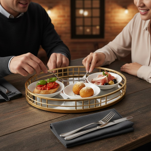 ถาดเสิร์ฟโลหะแก้วดีไซน์ทันสมัยเคลือบเงาสีทองหรูหรา |   ขาตั้งอเนกประสงค์ปลอดภัยต่ออาหาร เป็นมิตรกับสิ่งแวดล้อม สำหรับใช้ในบ้านและร้านอาหาร - Product Image 3