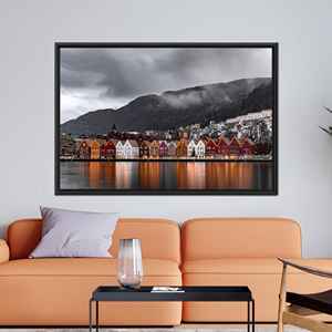 Vibrant Scandinavian Canvas Art: Bergen's Colorful Houses Print,1P:Black <b>Framed</b> - Product Image 1