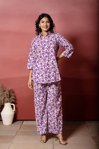 Hand Block Printed Cotton Co-Ord Set for Women Purple Floral Button Front Eco-Friendly Handmade Daily Casual Summer Wear - Product Image 3