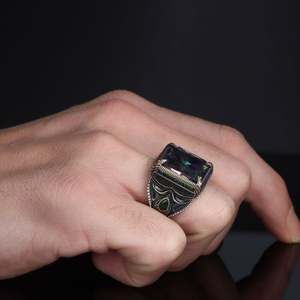 Azuris Bague pour homme en argent sterling 925 vintage turque, style ottoman original avec pierre naturelle, fabriquée à la main en Turquie VALKH1880 - Product Image 1