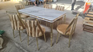 Modern Marble Top <b>Dining</b> <b>Table</b> Set with Gold Frame and Slat Back Chairs 6 Piece - Product Image 6